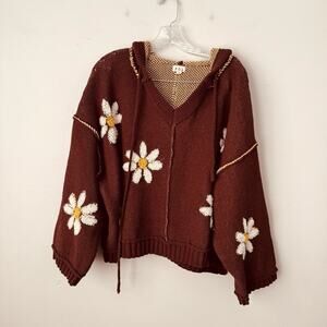 POL Burgundy Hooded Knit Sweater With White Flowers Womens Size L